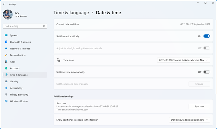 change or sync Time in Windows 11