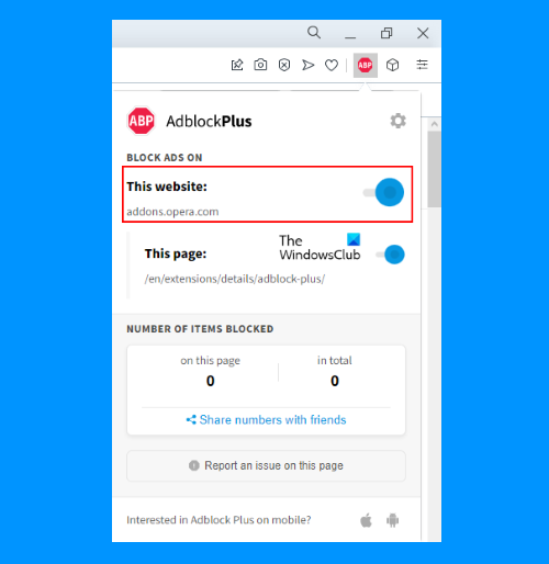 disable adblock plus on Opera