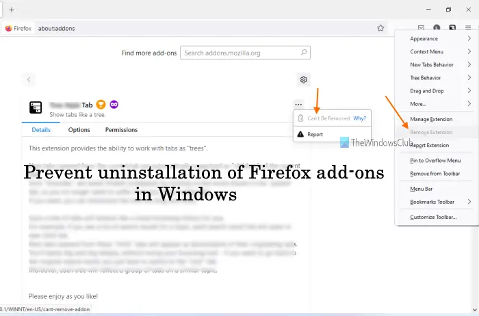 disable uninstallion of Firefox add-ons