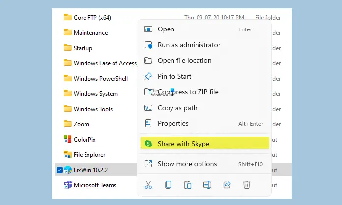 Windows 11'de Skype içerik menüsü öğesiyle Paylaş nasıl kaldırılır