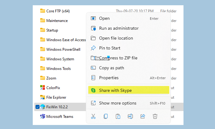 How to remove Share with Skype context menu item in Windows 11