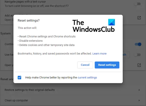 reset chrome settings