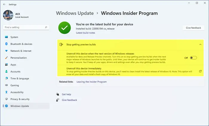 So entrollen Sie Windows 11-Geräte aus dem Windows Insider-Programm