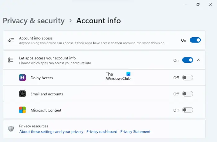 Account Info privacy setting Windows 11