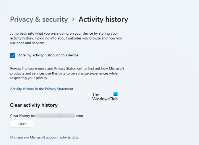 Activity History in Windows 11