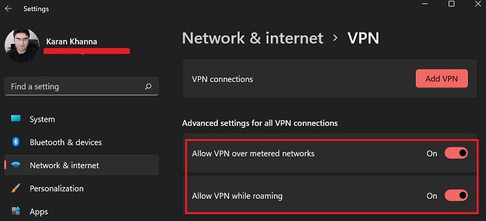 Allow VPN over metered connection and while roaming on your Windows 11 system