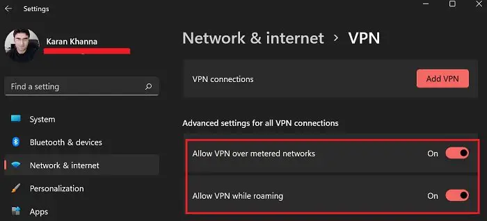 Разрешить VPN через лимитное соединение и в роуминге в вашей системе Windows 11
