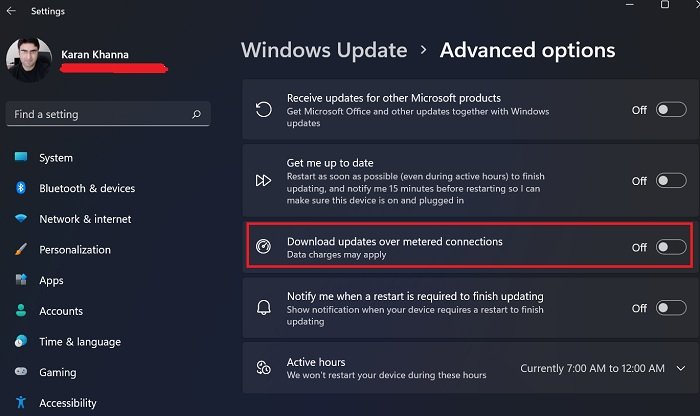 Allow Windows Updates to be downloaded automatically over Metered Connections in Windows 11