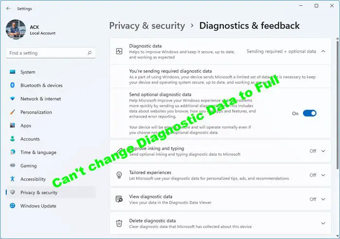 Can't change Diagnostic Data to Full in Windows 11/10