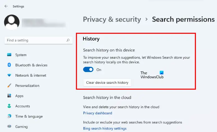 Clear device search history Windows 11