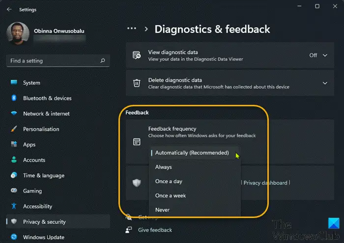 Configure or Change feedback frequency-Settings app