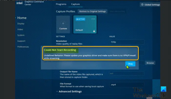 Could Not Start Recording - Intel Graphics Command Center error