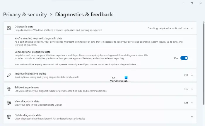 Diagnostic data settings in Windows 11