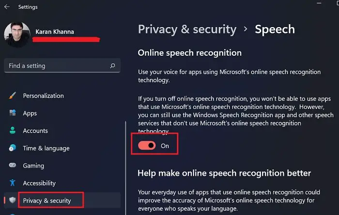 Disable Online Speech Recognition feature