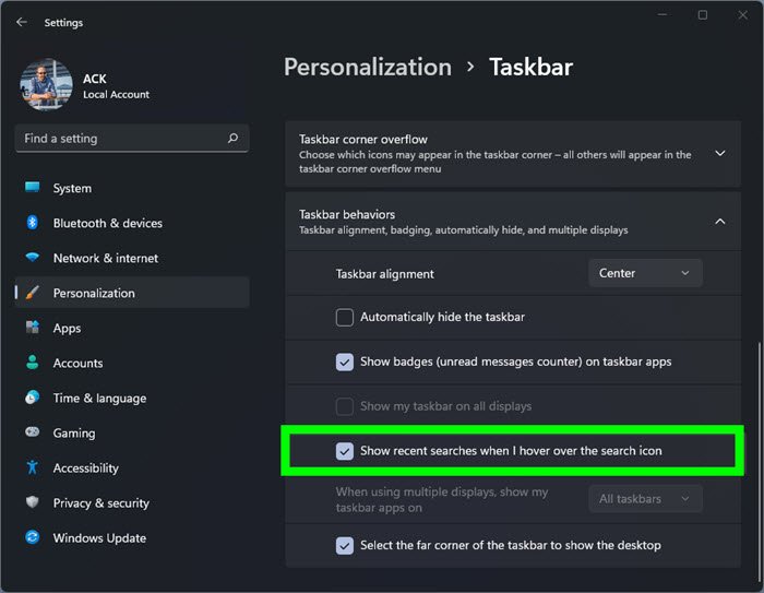 Disable Recent Search icon History in Windows 11