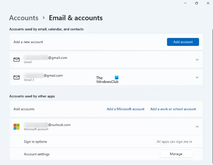 Email and accounts setting Windows 11