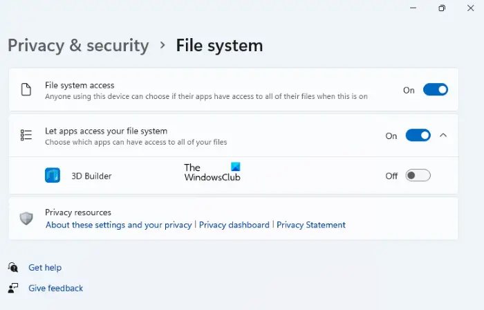 File System Privacy setting WIndows 11