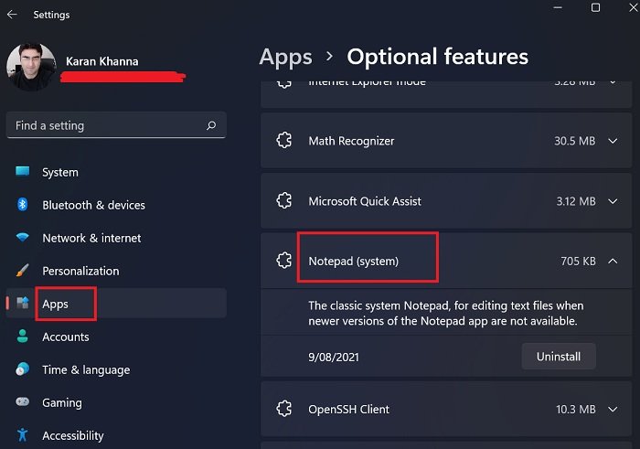 How to Uninstall Notepad in Windows 11 via Optional Features