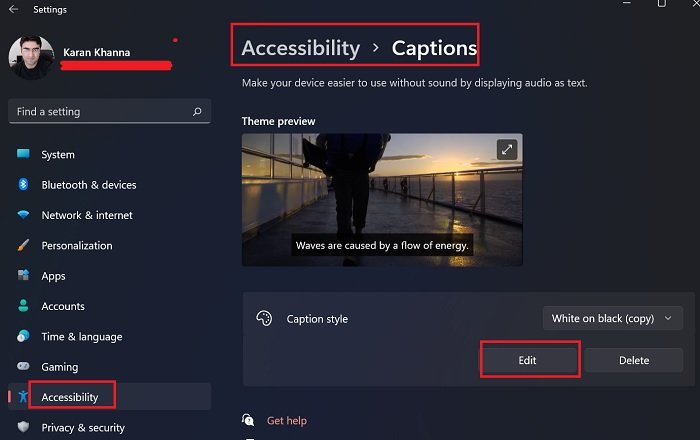 How to change Closed Caption settings in Windows 11