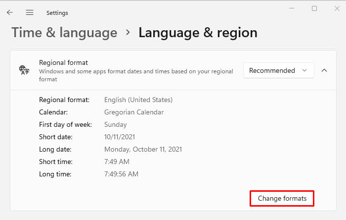 How to change Regional formats