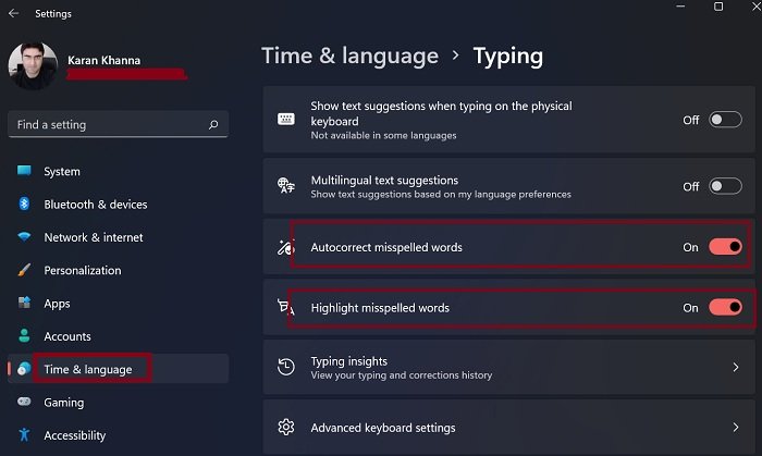 How to enable or disable Autocorrect and Highlight Misspelled Words settings in Windows 11