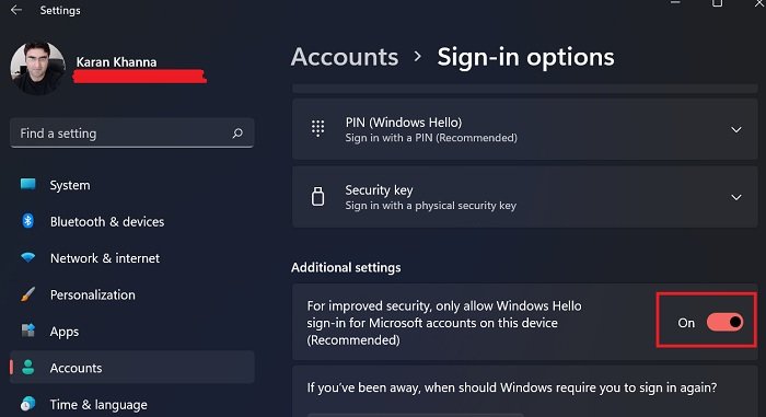 How to enable or disable passwordless sign-in only in Windows 11
