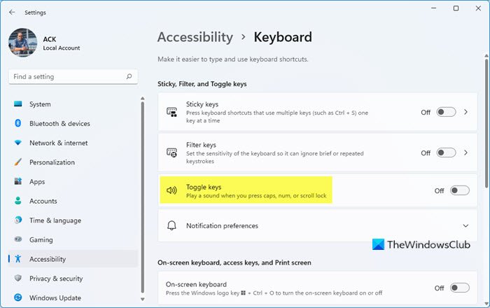 How to mute the Toggle Keys in Windows 11