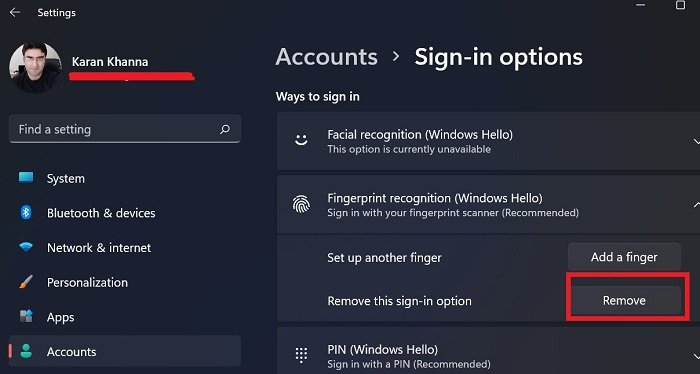 How to remove Fingerprint from Windows Hello in Windows 11