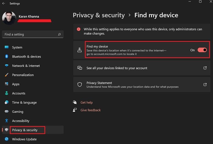 How to track a stolen laptop; Enable Find My Device first in Windows 11