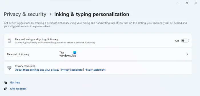 Inking typing personalization settings Windows 11