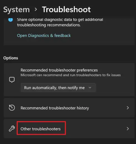 Other troubleshooters in Windows 11