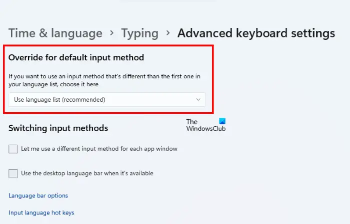 Override default input method Windows 11