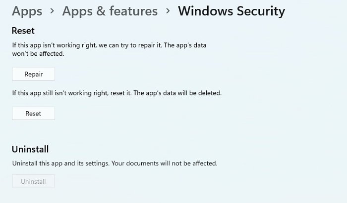 Réinitialiser l'application de sécurité Windows