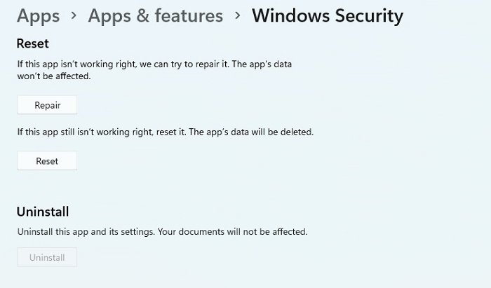 Reset Windows Security App