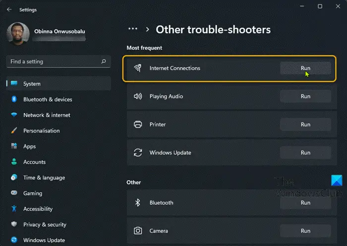 Run Internet Connections Troubleshooter