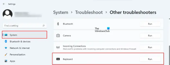 Run Keyboard troubleshooter Windows 11