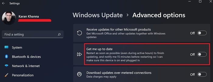 Set Windows 11 to restart immediately to install an important Updates