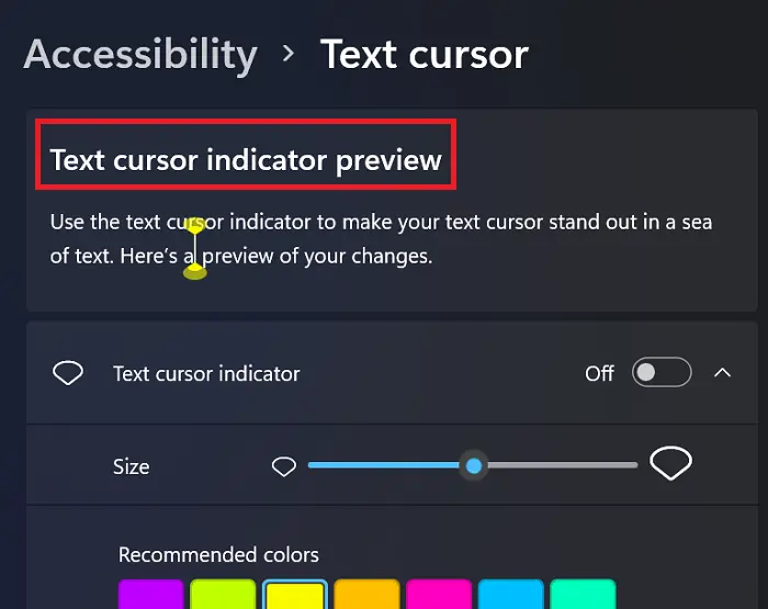 Text cursor indicatior preview