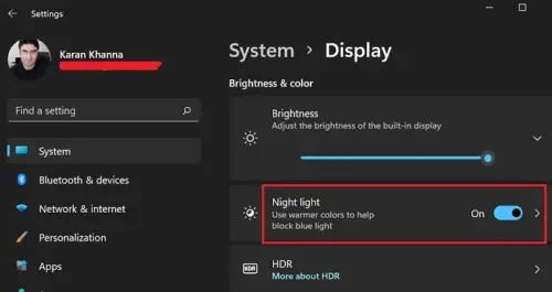 Turn ON Night light in Windows 11