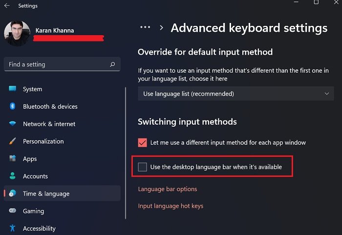 Turn Off Language Bar or Input Indicator in Windows 11