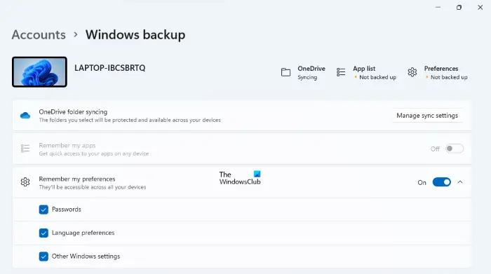Windows backup settings WIndows 11