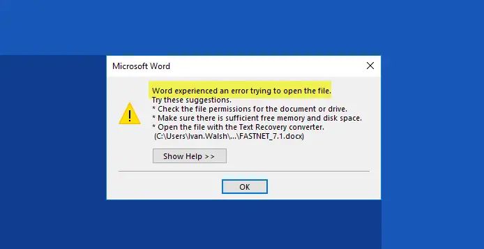 В Word произошла ошибка при попытке открыть файл