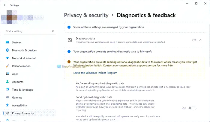 Your organization prevents sending optional diagnostic data to Microsoft