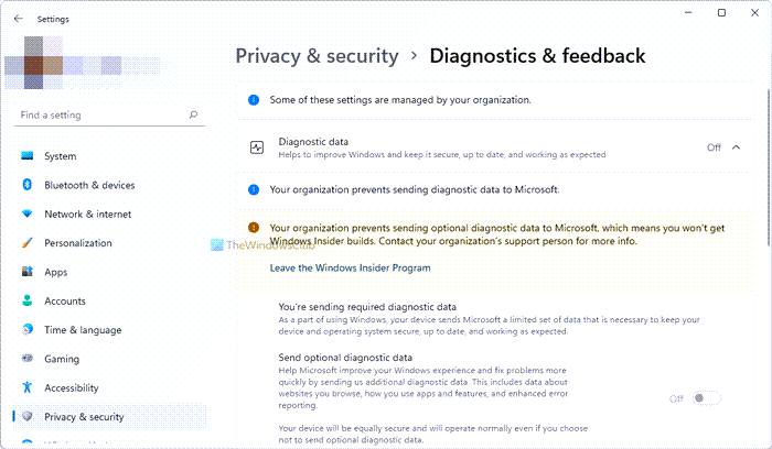 Your organization prevents sending optional diagnostic data to Microsoft