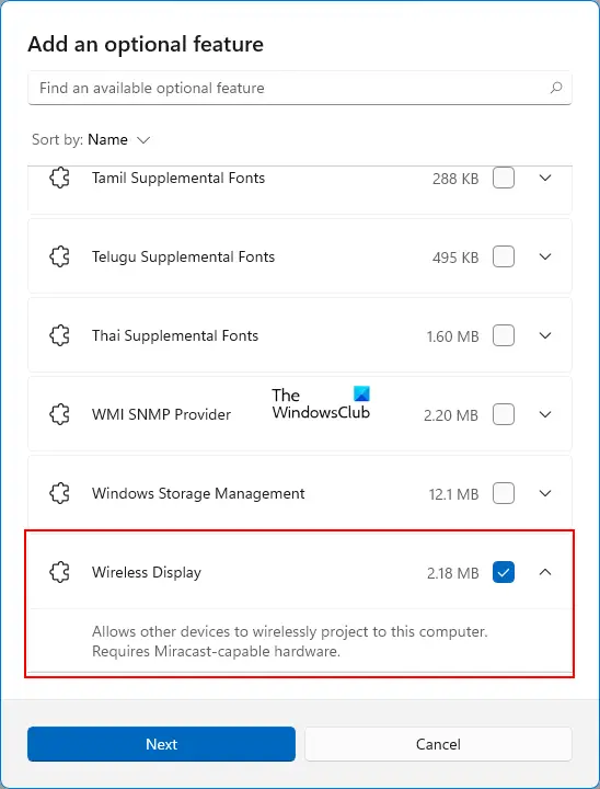 add Wireless Display feature Windows 11