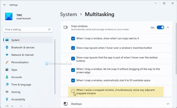 How to disable automatic resize of adjacent snapped window in Windows 11