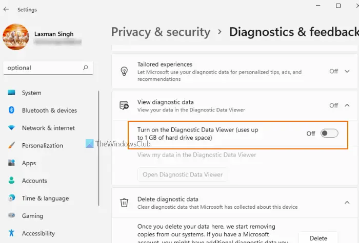 disable diagnostic data viewer settings