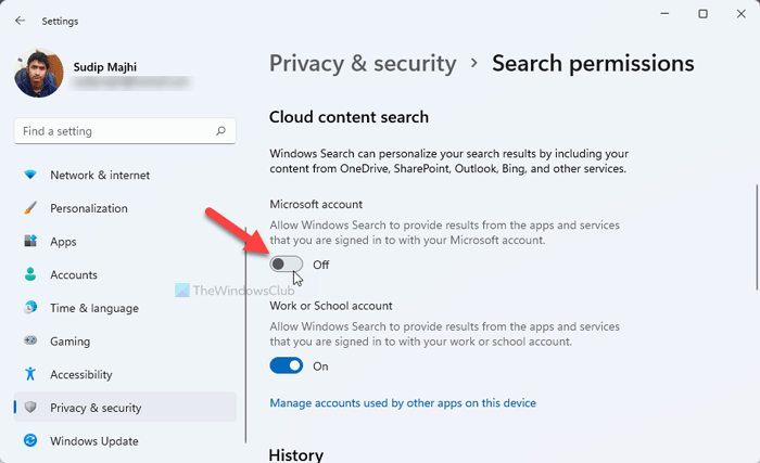 How to disable Cloud content search using Windows Settings