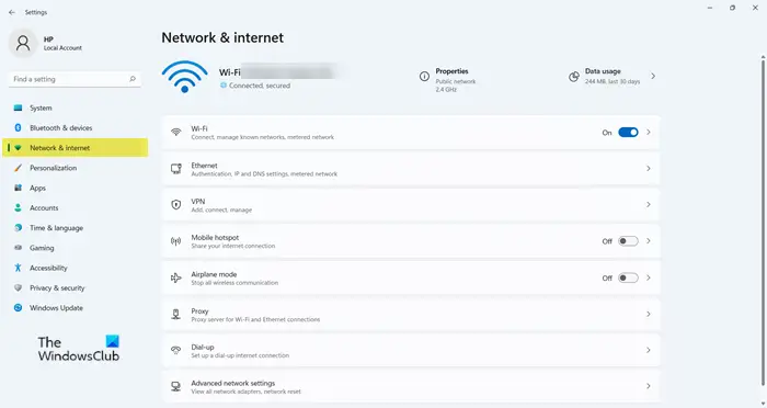 Network & Internet Settings in Windows 11