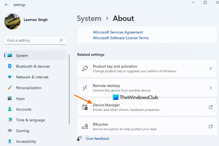 open device manager using settings app